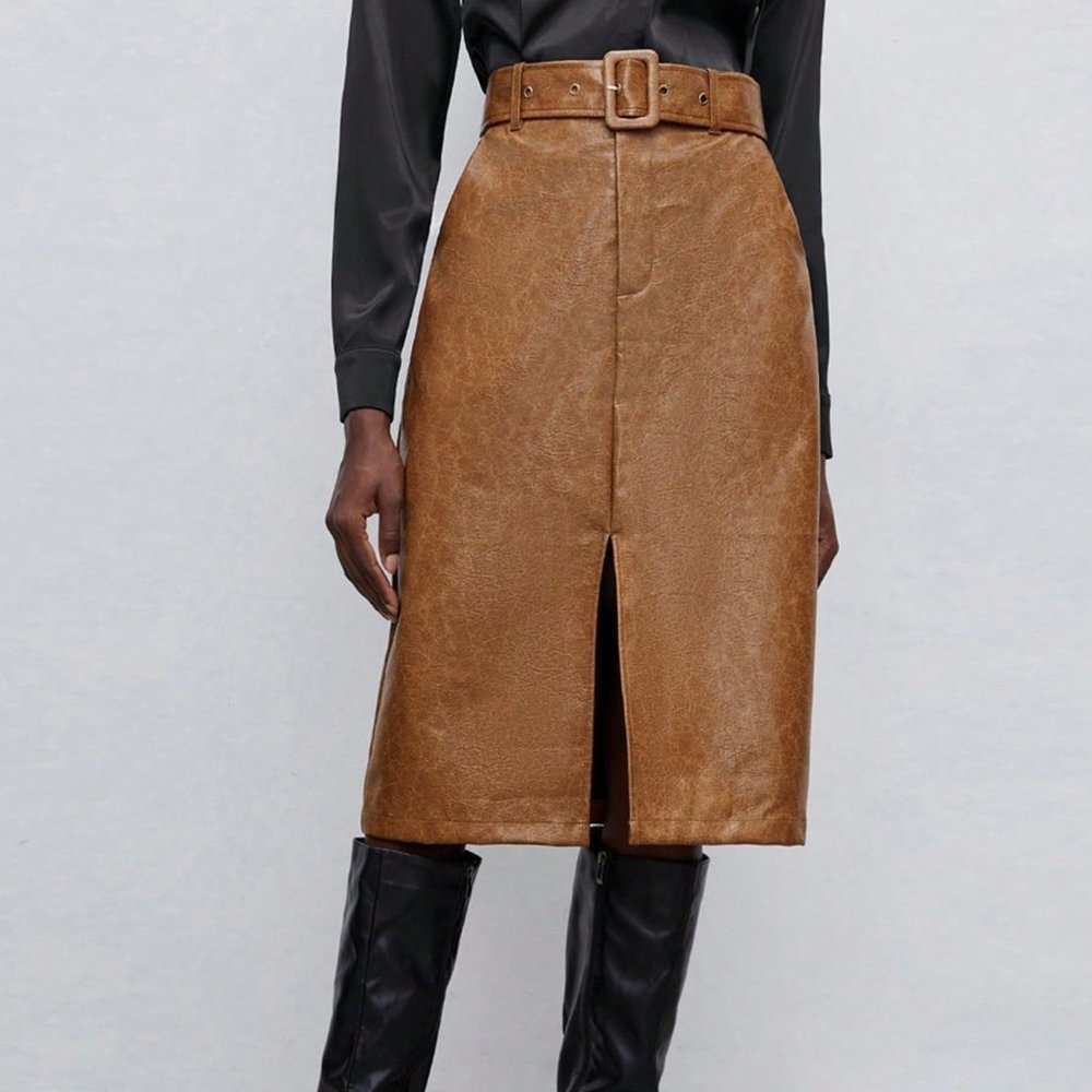 Brown Preppy Womens Split Hem Belted PU Leather Skirt - Picture 5 of 5